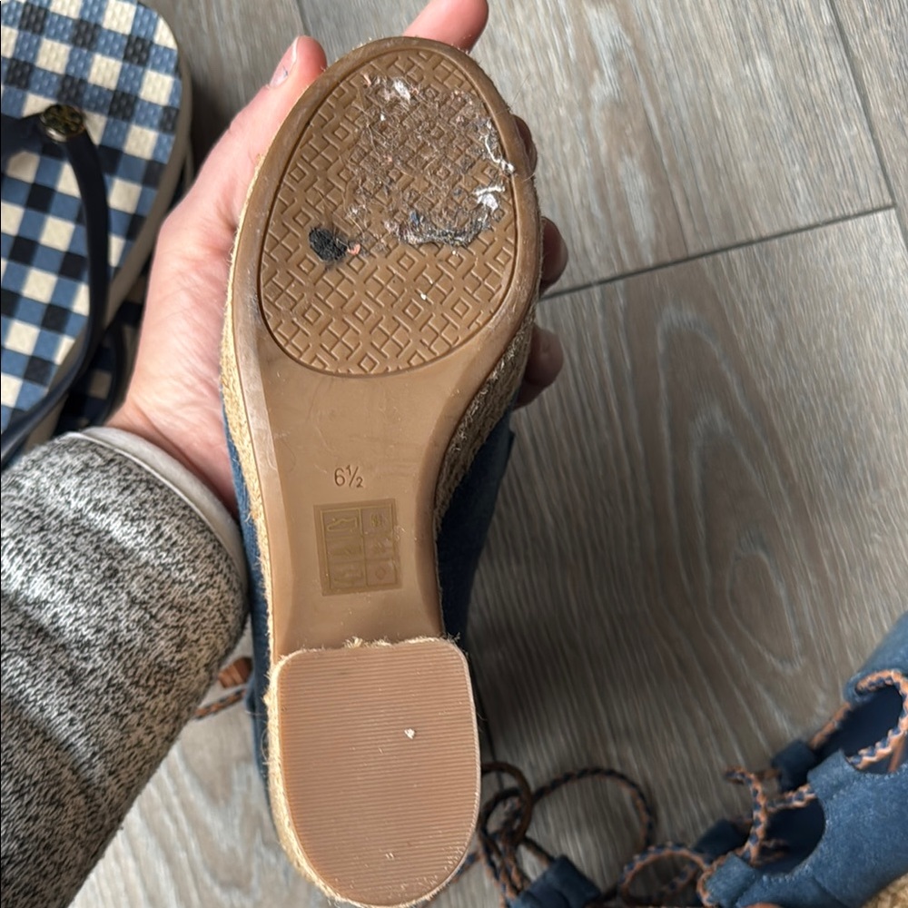 Tory Burch Blue and Brown Wedge Sandals with Lace-Up Design - Picture 10 of 10